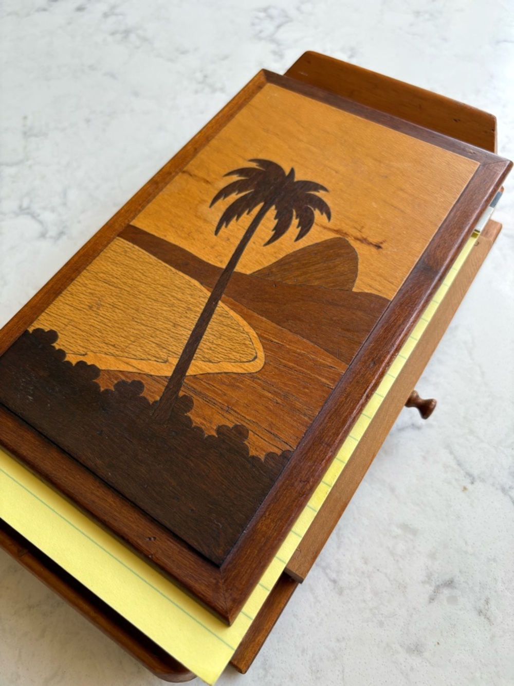 Vintage MCM Wooden Palm Beach Notepad Holder with Pen - Brown